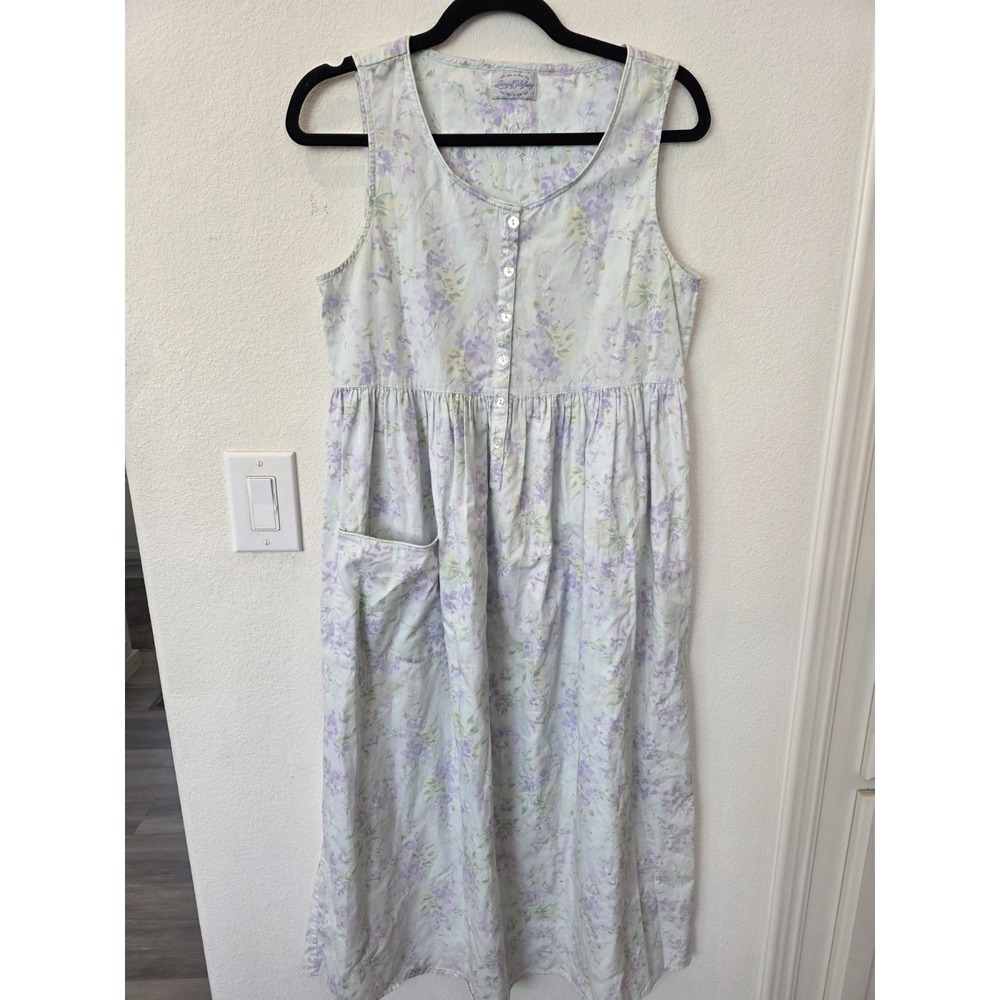 VTG LANZ OF SALZBURG MINT PURPLE FLORAL COTTONLAWN SLEEVELESS GOWN Sz S/M Pocket